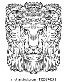 Ancient stone bas-relief in the shape of a lion head, vector hand drawing illustration in black color isolated on white background.