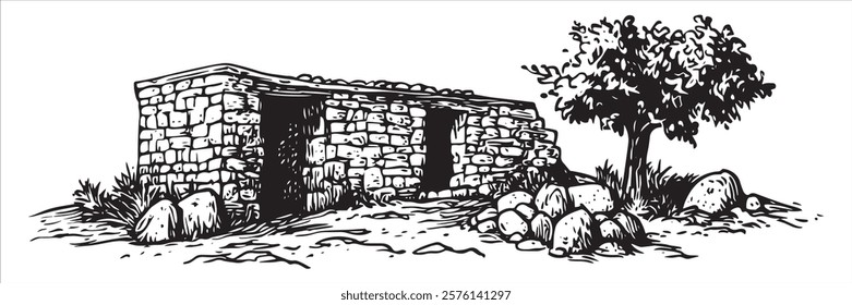 ancient stone building with tree and rocky terrain in black and white hand-drawn style