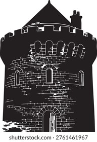 Ancient stone castle tower with crenellated battlements and arched windows featuring a conical roof and chimney rendered in a stark black and white silhouette style with visible brick texture evoking