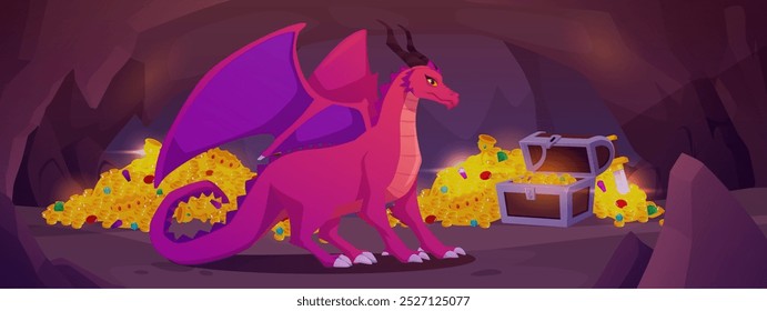 Ancient stone cave with treasure chest and dragon. Cartoon vector underground fairy tale game landscape with rocks tunnel hole. Fantasy mine with fabulous creature and golden gemstones