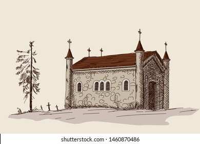 Ancient stone Christian temple with crosses on the roof. Hand sketch in vector.