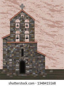 Ancient stone church with bells and arched entrance in visigoth styles, vector illustration