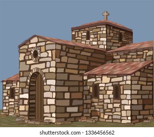 Ancient stone church in visigothic style with cross. vector illustration