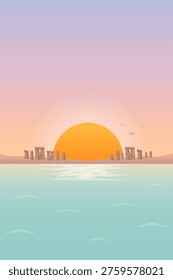 Ancient stone circle on coast at sunset vector illustration.