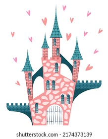 Ancient stone cute pink castle with towers, balconies and forged gates isolated on white background. Vector illustration.