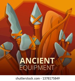 Ancient stone equipment concept background. Cartoon illustration of ancient stone equipment vector concept background for web design