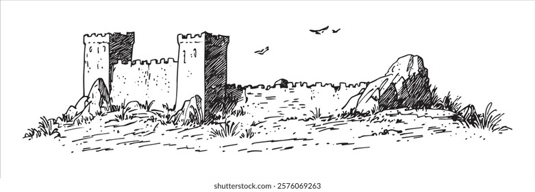 ancient stone fortress with rocky landscape in black and white hand-drawn style