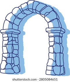 Ancient Stone Gate Architectural Structure, Sketch Line Illustration with Blue Shadow