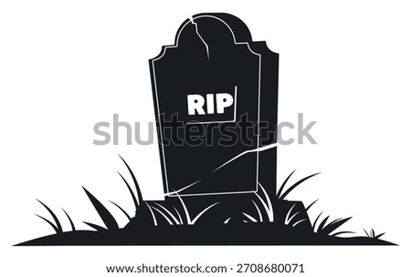 Ancient stone grave monument. Black silhouette of gravestone overgrown with grass. Halloween graveyard decor. Tombstone obelisk with fissures. Burial headstone. Mystery crypt. Vector gothic memorial