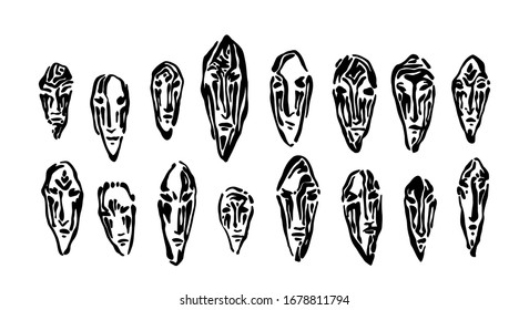 Ancient stone masks set. Hand drawn face prints graphic vector illustration, black isolated on white background painted by ink.