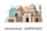 Ancient stone mosque with domes and minaret under a warm sky