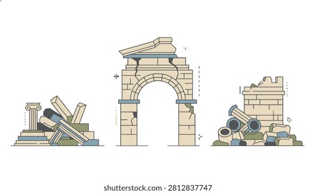 Ancient stone ruins featuring damaged classical archway and fallen marble columns on white background.