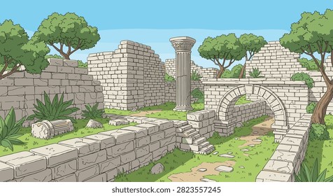 Ancient stone ruins featuring a tall column and arched gateway surrounded by overgrown grass and trees under a clear blue sky.