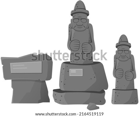 Ancient stone sculpture, architectural monument. Immemorial historical human figure carved from large rock. Dolharubang statues, symbol of Jeju in South Korea Tourist attraction, famous landmark