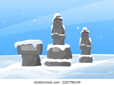 Esculturas de piedra antigua, monumentos arquitectónicos cubiertos de nieve. Una figura humana histórica inmemorial tallada en una gran roca en una isla invernal. Estatuas de Dolharubang, símbolo de Jeju en Corea del Sur