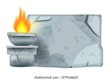 Cartel de piedra antiguo, tableta de rock de juegos de dibujos vectoriales, roca de granito agrietado, fuego. Objeto de interfaz de usuario de la naturaleza, pared antigua gris, fondo antiguo de la interfaz, llama. Panel de señas de piedra aislado en blanco