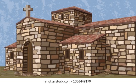 Ancient stone spanish church in visigothic style. Invitation background. vector illustration