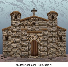 Ancient stone spanish  church in visigothic style with two stone towers. vector illustration