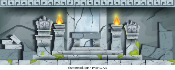 Ancient stone temple ruin, vector cartoon maya tomb interior background, history game illustration. Archeology horizontal old palace, altar, sculptures, totem idol face, fire. Stone temple banner
