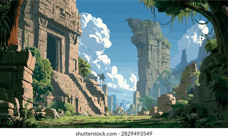 Ancient Stone Temple Ruins in Lush Green Jungle Landscape