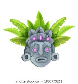 Ancient stone tiki mask, vector tribal totem face, Hawaii tropical idol illustration, jewels, exotic leaves. Cartoon Aztec sculpture, maya ethnic warrior traditional primitive art. Isolated tiki mask