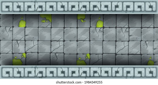Ancient stone wall, cracked rock vector texture, brick temple background tiles, street cobblestone border. Nature material game illustration, pavement top view. Stone wall mosaic, moss, ornament