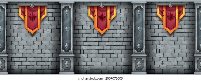 Ancient stone wall seamless background, cracked brick castle interior illustration, marble pillars. Medieval vintage backdrop, architecture exterior gallery illustration, column. Stone wall, standards