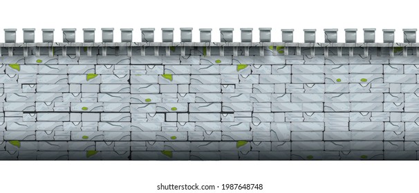 Ancient Stone Wall Seamless Pattern, City Castle Brick Vector Texture, Old Medieval Cracked Background. Fortress Building Architecture Illustration, Game Material Border. Isolated Stone Wall, Moss 