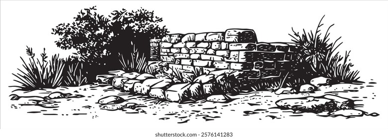 ancient stone wall with steps and vegetation in black and white hand-drawn style