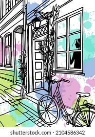 Calle antigua en una ciudad europea. Cuarentena. La chica de la ventana. Bicicleta en la entrada de la casa. Esbozo dibujado a mano. Ilustración vectorial de arte de línea. Quédate en casa. Fondo de los blobs coloridos.