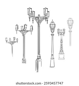 Ancient street lamp. Hand drawing set of lanterns. Vector hand drawing illustration in black color isolated on white background. Set of design elements. For prints, design, cards and decorations.