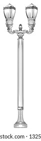 Ancient street lamp. Vector hand drawing illustration in black color isolated on white background