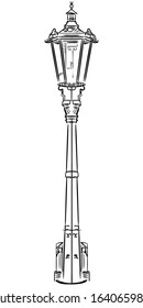 Ancient street lamp. Vector hand drawing illustration in black color isolated on white background