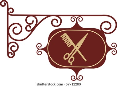 Ancient street signboard of  hairdresser, on white