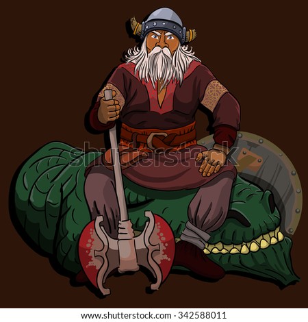 Ancient strong warrior sits resting on the head of the dragon defeated them