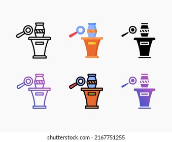 Cerámica de vasa de cuchara antigua con icono de vidrio de aumento con línea, contorno, plano, relleno, glifo, color, gradiente. Actrazo editable y píxel perfecto. Producto digital, presentación, diseño de impresión y