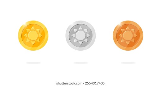 Ancient style game coins set. Gold, silver, bronze ranking medals embellished with sun imagery. Suitable for video game or app animation designs, illustrating casino success and cash treasure ideas