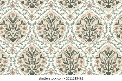 Ancient Style Pattern with Ornamental Flower Elements. Colorful Watercolor Flowers on Beige Background. Surface Pattern Design Good for Fabric, Wallpaper, Packaging Projects and more.