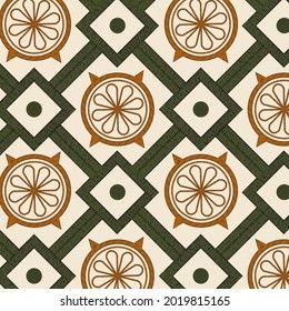 Ancient style seamless repeat pattern with textured geometric symbols from the colors of Earth. Vector Surface Design Good for Fabric, Wallpaper, Packaging Projects and more.