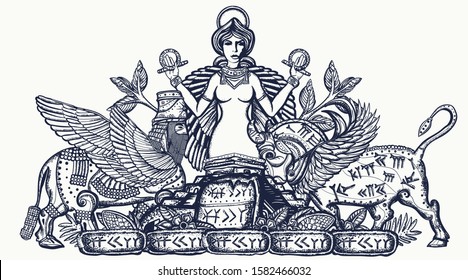 Ancient Sumerian Civilization. Assyrian culture. Gilgamesh legends. Middle East history. Tattoo and t-shirt design. Mesopotamian goddess. Ishtar and ziggurat. Cuneiform writing 