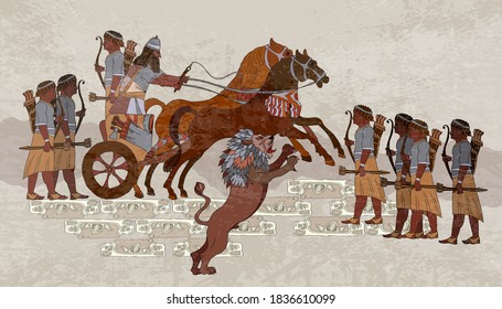 Ancient Sumerian civilization and culture. Akkadian Empire. King on chariot. Lion and warrior. Scene of fight. Mesopotamia. Middle East history 