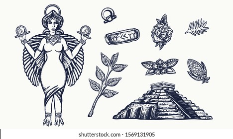 Ancient Sumerian Civilization. Old School Tattoo Collection. Mesopotamian Goddess. Ishtar. Cuneiform Writing, Ziggurat. Assyrian Culture. Middle East History 