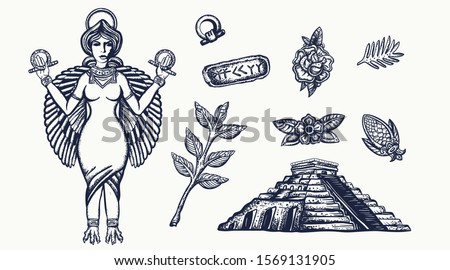 Ancient Sumerian Civilization. Old school tattoo collection. Mesopotamian goddess. Ishtar. Cuneiform writing, ziggurat. Assyrian culture. Middle East history 