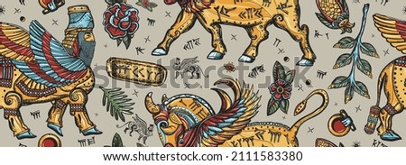 Ancient Sumerian Civilization. Old school tattoo style. Middle East history background. Vintage seamless pattern. Mesopotamian goddess. Assyrian culture. Gilgamesh legends 