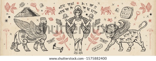 Ancient Sumerian Civilization. Old school tattoo\
collection. Assyrian culture. Gilgamesh legends. Middle East\
history. Mesopotamian goddess. Ishtar and Lamassu. Cuneiform\
writing, ziggurat 
