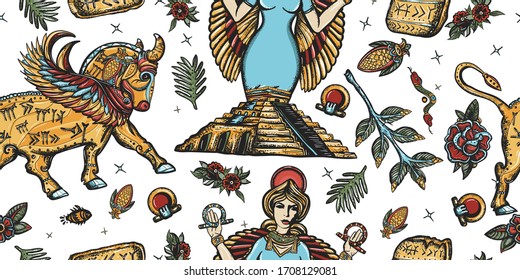 Ancient Sumerian Civilization. Seamless background. Assyrian culture. Gilgamesh legends. Middle East history, seamless patte. Mesopotamian goddess. Cuneiform writing, ziggurat. Old school tattoo style