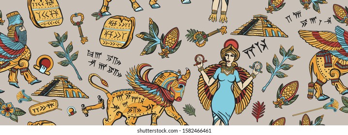 Ancient Sumerian Civilization. Seamless pattern. Assyrian culture. Gilgamesh legends. Middle East history background. Mesopotamian goddess. Cuneiform writing, ziggurat. Old school tattoo style 