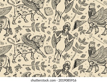 Ancient Sumerian Civilization. Seamless pattern. Gilgamesh legends. Middle East history background. Mesopotamian goddess. Cuneiform writing, ziggurat. Old school tattoo style. Assyrian culture 