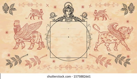 Ancient Sumerian Civilization vintage background. Winged bull, ancient goddess Ishtar. History of Middle East. Old school tattoo style. Assyrian culture. Mesopotamian art 