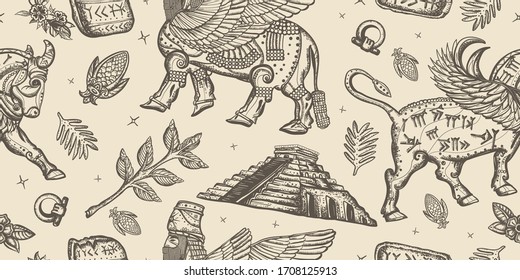 Ancient Sumerian Civilization. Vintage Seamless Pattern. Mesopotamian Goddess. Assyrian Culture. Gilgamesh Legends. Old School Tattoo Style. Middle East History Background 